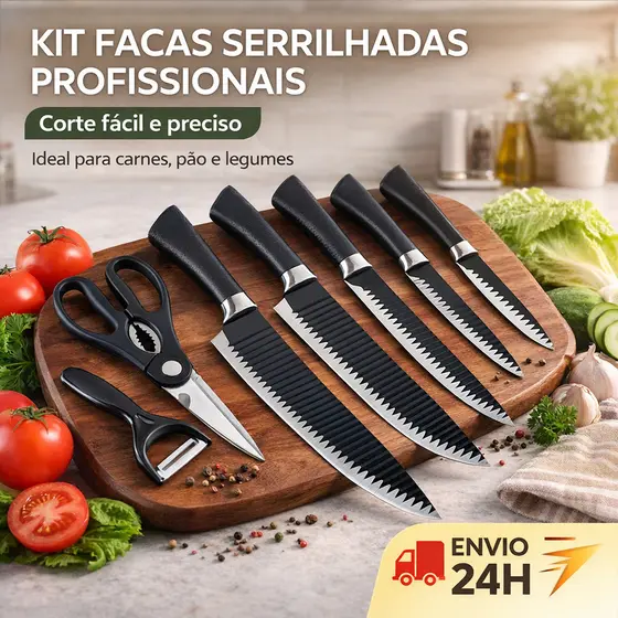 Kit 6 Facas Inox Profissionais Cozinha e Churrasco Linha Chefeem Cor Preta