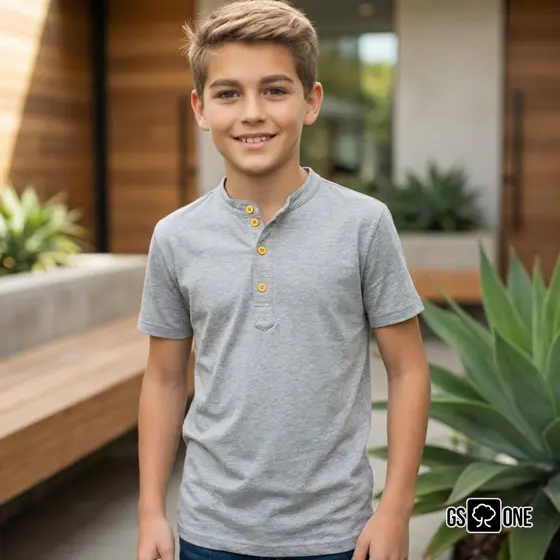 Camiseta Henley Juvenil Manga Curta Malha Sustentável