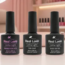 Kit 3 Preparadores Top Coat + Base em Gel + Primer Real Love 8 ml