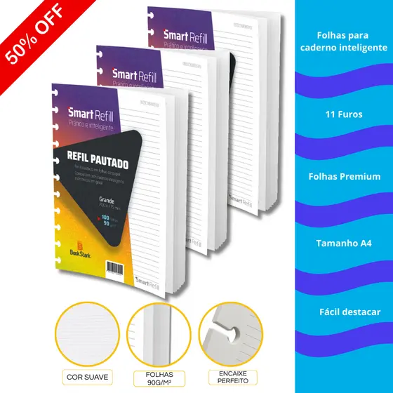 Refil Compativel Caderno 11 Discos Tipo Inteligente Grande 200x275mm 200fls KIT com 2 unidades