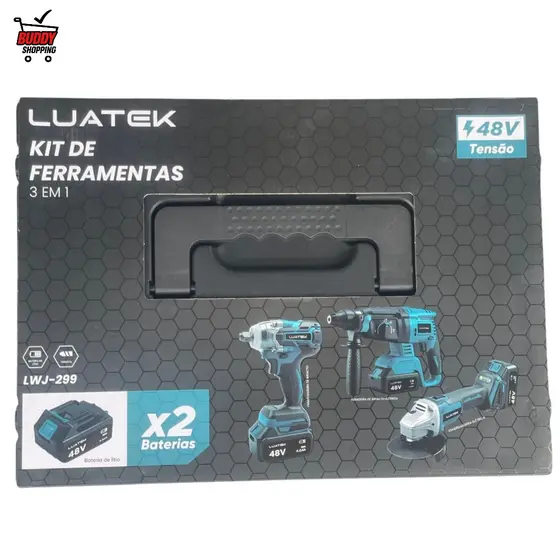 Jogo de Ferramentas Elétricas 3 em 1 Parafusadeira de Impacto Furadeira Esmerilhadeira 48V 4.0Ah Luatek LWJ-299