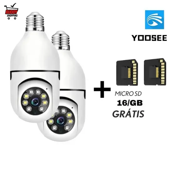 Kit 2 Câmeras Lâmpada Wifi 360 IP Segurança Full HD PTZ + 2 Cartões SD 16GB