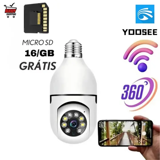 Câmera Lâmpada Wifi 360 IP Segurança Full HD PTZ + Cartão SD 16GB