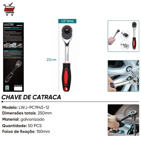 Chave de Catraca Reversivel 1/2 Pol Aco Galvanizado Profissional Cabo Emborrachado 250mm LWJ-PC1945-12
