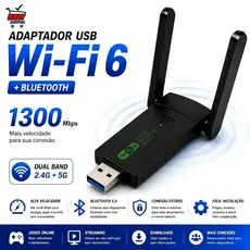 Adaptador Wi-Fi 6 USB Dual Band 5GHz 1300Mbps + Bluetooth 5.4 Duas Antenas PC Notebook
