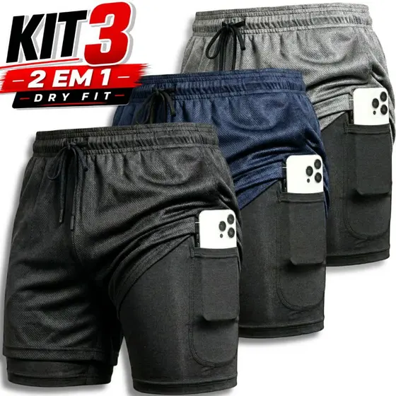 Kit 3 Shorts 2 em 1 Dryfit Masculino Academia Corrida Treino Bermuda comprime Seca Rápida Confortável Fitnes