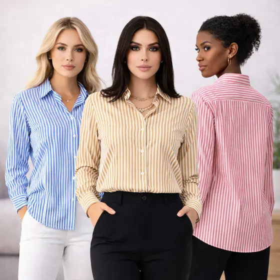 CAMISA SOCIAL FEMININA COM MANGA LONGA LISTRADA TENDENCIA ELEGANTE ENTREGA RAPIDA