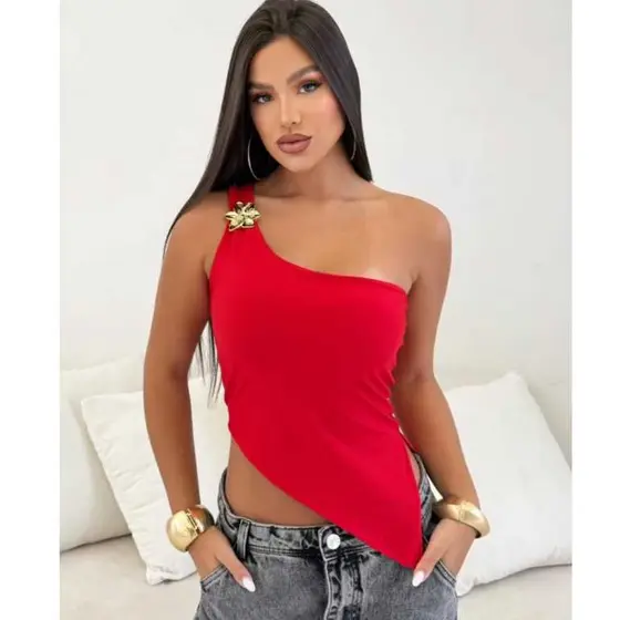 Cropped Blusa Um Ombro Só com Fivela Assimétrico Moderno Elegante Casual Tendência Verão Confortavel