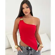 Cropped Blusa Um Ombro Só com Fivela Assimétrico Moderno Elegante Casual Tendência Verão Confortavel