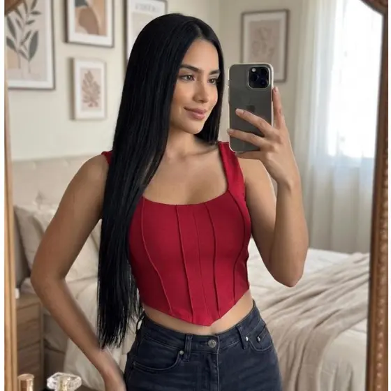 Cropped Feminino Alça Grossa Estilo Corset com Bojo - Tecido Suplex
