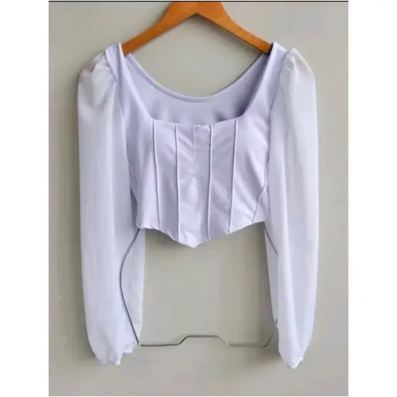 Blusa Cropped comprida Feminina Manga Longa Tule Suplex Com Bojo Estilo Corset