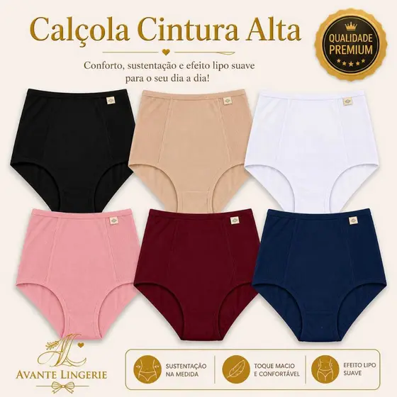 Kit 3, 5 ou 10 Calcinha Cintura Alta Plus Size Modeladora Feminina Microfibra Calçola Senhora Pós Parto Tangão Básica