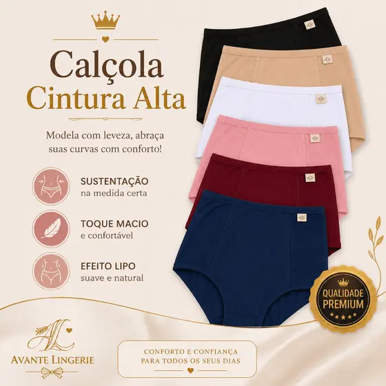 Kit 3, 5 ou 10 Calcinha Cintura Alta Plus Size Modeladora Feminina Microfibra Calçola Senhora Pós Parto Hot Pants Básica