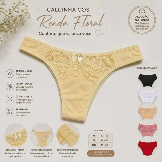 Kit 5 Calcinhas Renda Floral Cós Alto Fio-Dental Sem Marcar Fundo Algodão Elástico Reforçado Presente Feminino M G GG