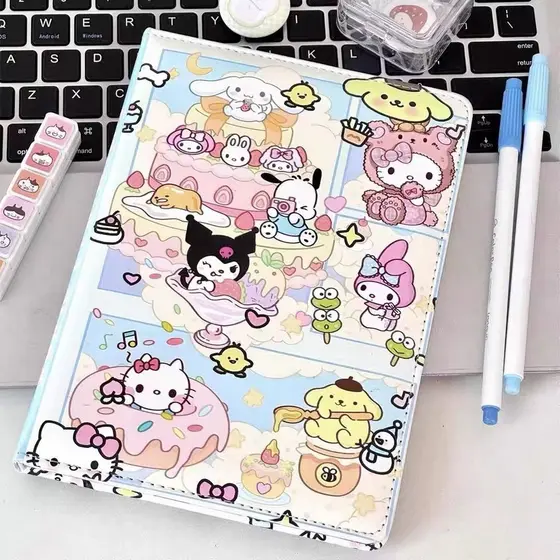 Caderno de couro Sanrio fofo doce desenho animado manual de alto valor página interna página para colorir caderno de est