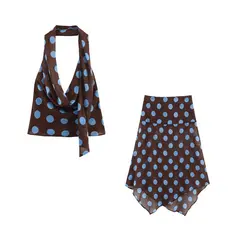 Vestido Feminino de Bolinhas com Decote Assimétrico e Gola Ondulada Slim BSNB