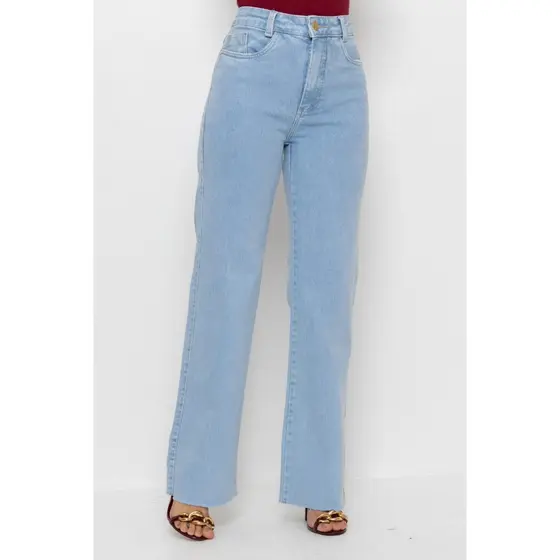 Calça Jeans Feminina Wide Leg Cintura Alta Azul Claro Elastano Premium Ampla Moderna Confortável