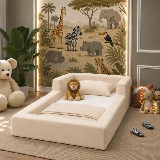 Cama Montessoriana Solteiro Aurora com Colchão Tecido Boucle