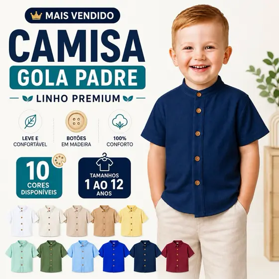 Camisa Infantil Menino GOLA PADRE Social linho PREMIUM leve | Caimento Perfeito e Design Exclusivo