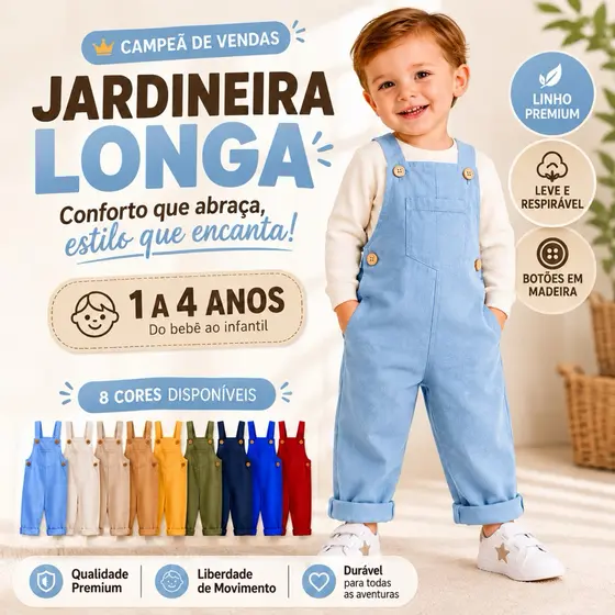 Jardineira LONGA Infantil Menino bebê Macacão em linho