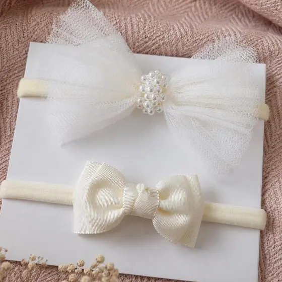 Kit 2 faixas de cabelo bebê menina, laços delicados com pérolas, acessório infantil para enxoval