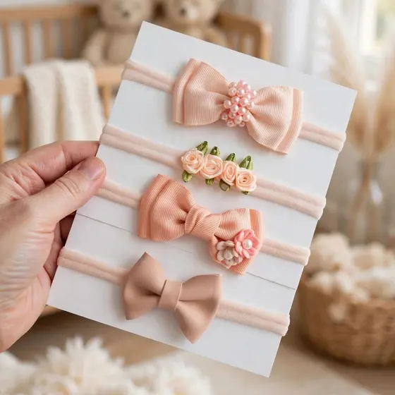 Kit 4 Faixas de Cabelo Bebê Menina Meia de Seda com Laços, Flores e Pérolas RN a 2 Anos Maternidade Enxoval