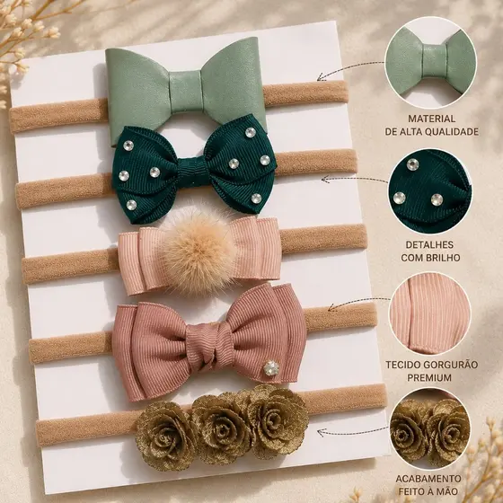 Kit Premium 5 Faixas Bebê Menina Laços E Flores Infantil Recém Nascida