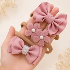 Kit 3 Faixas Bebê Menina Coleção Rosé Tiara de Meia RN ao 2 Anos Laço Flor Enxoval Maternidade