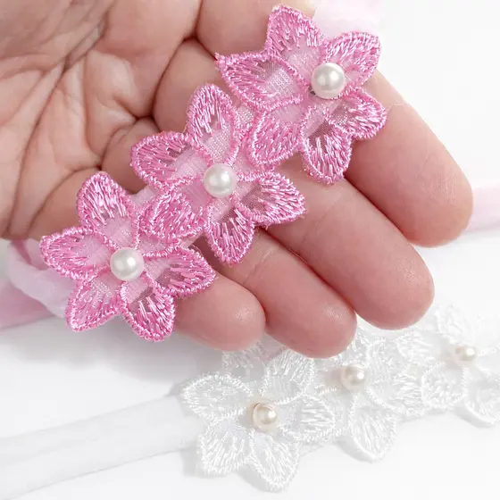Kit 3 Faixas de Cabelo para Bebê com Flores Bordadas e Pérolas