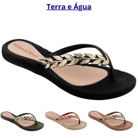 Chinelo Terra & Água Folha Dourada Trançado Leve Flexível Antiderrapante Fácil Higienização 270010
