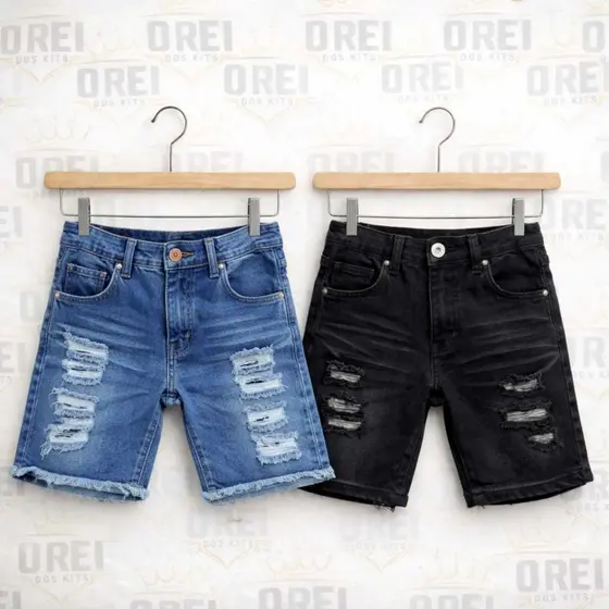 Kit com 2 Shorts Jeans Masculino Infantil Rasgado Moda Verão