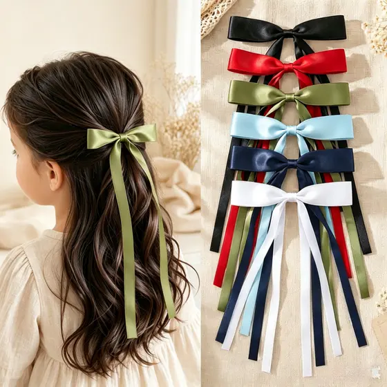 1 Lote De Grampos De Cabelo Infantis Com Laço Longo De Cetim , Acessórios De Cauda Longa Semelhantes A Seda De Cor Sólid