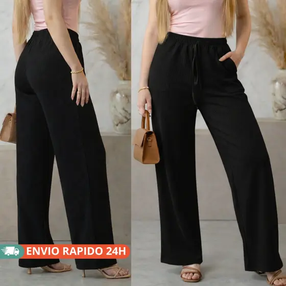 Calça Pantalona Feminina Tecido texturado Wide Leg Annaruga Cintura Alta com elástico e Bolso Tendência Chique