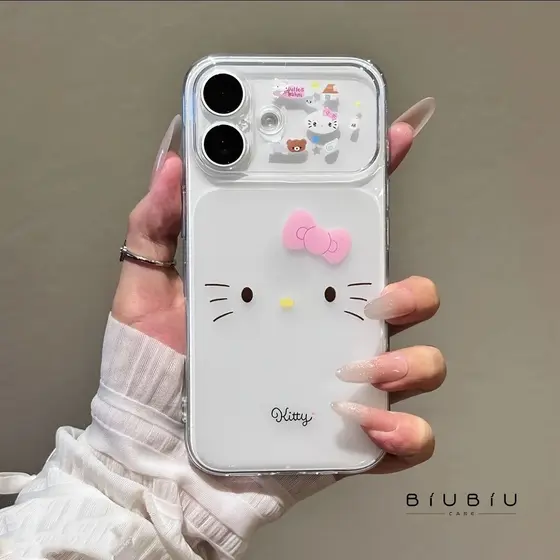Estojo rosto Hello Kitty laço rosa transparente janela ampla para iPhone 11 12 13 14 15 16 17 Pro Max Plus