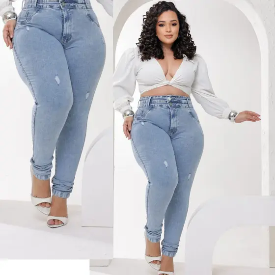 Calça Jeans Plus size Feminina Rasgadinho Com Lycra Cintura Alta Elastano Destroyed Cintura Alta Premium