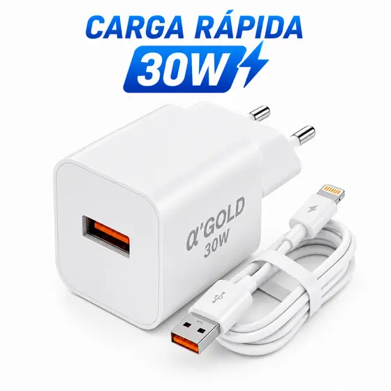Carregador iPhone 30W Turbo USB + Cabo Lightning Reforçado | Carga Rápida XR 11 12 13 14 Pro Max