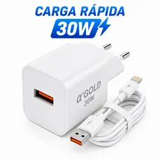 Carregador iPhone 30W Turbo USB + Cabo Lightning Reforçado | Carga Rápida XR 11 12 13 14 Pro Max