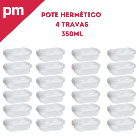 Kit 3, 5, 15 e 24 Potes 350ml Pote Com Tampa 4 Travas Alta Vedação Não Vaza Marmitas Fitness Saladas