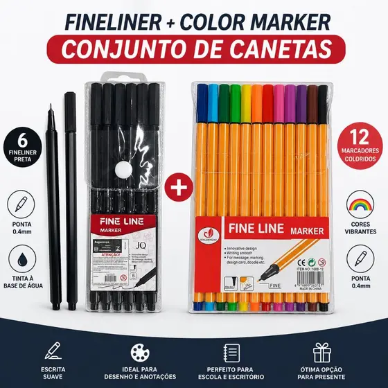 Kit Promoção 48 Canetas Fine Line Coloridas + 6 Pretas Alta Qualidade Ponta Fina 0.4mm