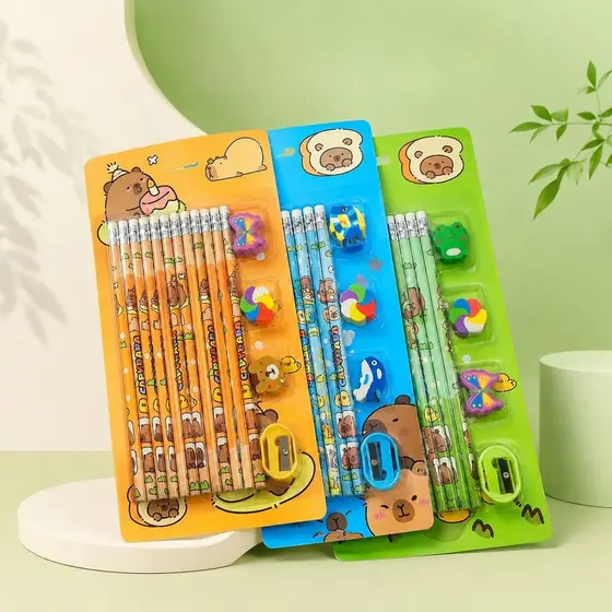 Kit Papelaria Capivara 12 Lápis Escolar HB com Borrachas e Apontador Fofo
