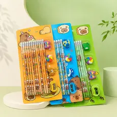 Kit Papelaria Capivara 12 Lápis Escolar HB com Borrachas e Apontador Fofo