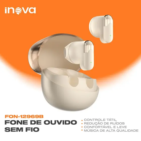 INOVA FON-12969B Fone Sem Fio TWS Bluetooth 6.0 Intra-auricular Controle por Toque e Com Microfone