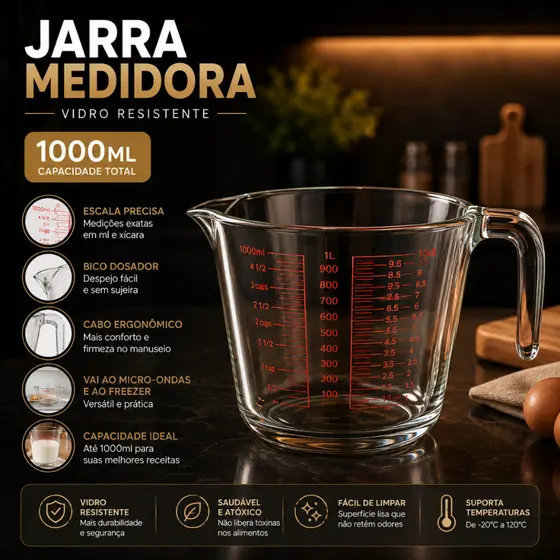 Jarra Medidora em Vidro Borossilicato 1L Com Alça Resistente Para Cozinha Vidro Temperado Doces e Salgados Altas