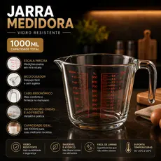 Jarra Medidora em Vidro Borossilicato 1L Com Alça Resistente Para Cozinha Vidro Temperado Doces e Salgados Altas
