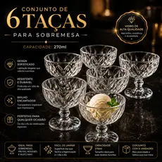 Jogo 6 Taças De Sobremesa Vidro Diamante 270ml Perfeito Para Sorvete Doce Salada de Frutas Mousse Coquetel Luxo