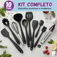 Kit 10 Peças Conjunto Utensílios Cozinha Silicone Inox Jogo Colheres Pegador Concha Preto Vermelho