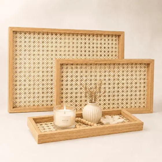 Bandeja Organizadora Decorativa Retangular Palha Madeira Bambu Vidro Multiuso Luxo Dourado Sala Banheiro