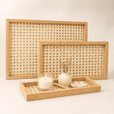 Bandeja Organizadora Decorativa Retangular Palha Madeira Bambu Vidro Multiuso Luxo Dourado Sala Banheiro