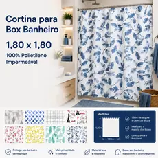 Cortina Para Box Banheiro 1,80x1,80 Impermeável Lavável 100% Polietileno Impermeavel Com Argolas - Várias Estampas