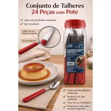 Conjunto de Talheres 24 Peças com Pote Organizador | Aço Inoxidável | Cabo Reto Resistente - Escolha a cor